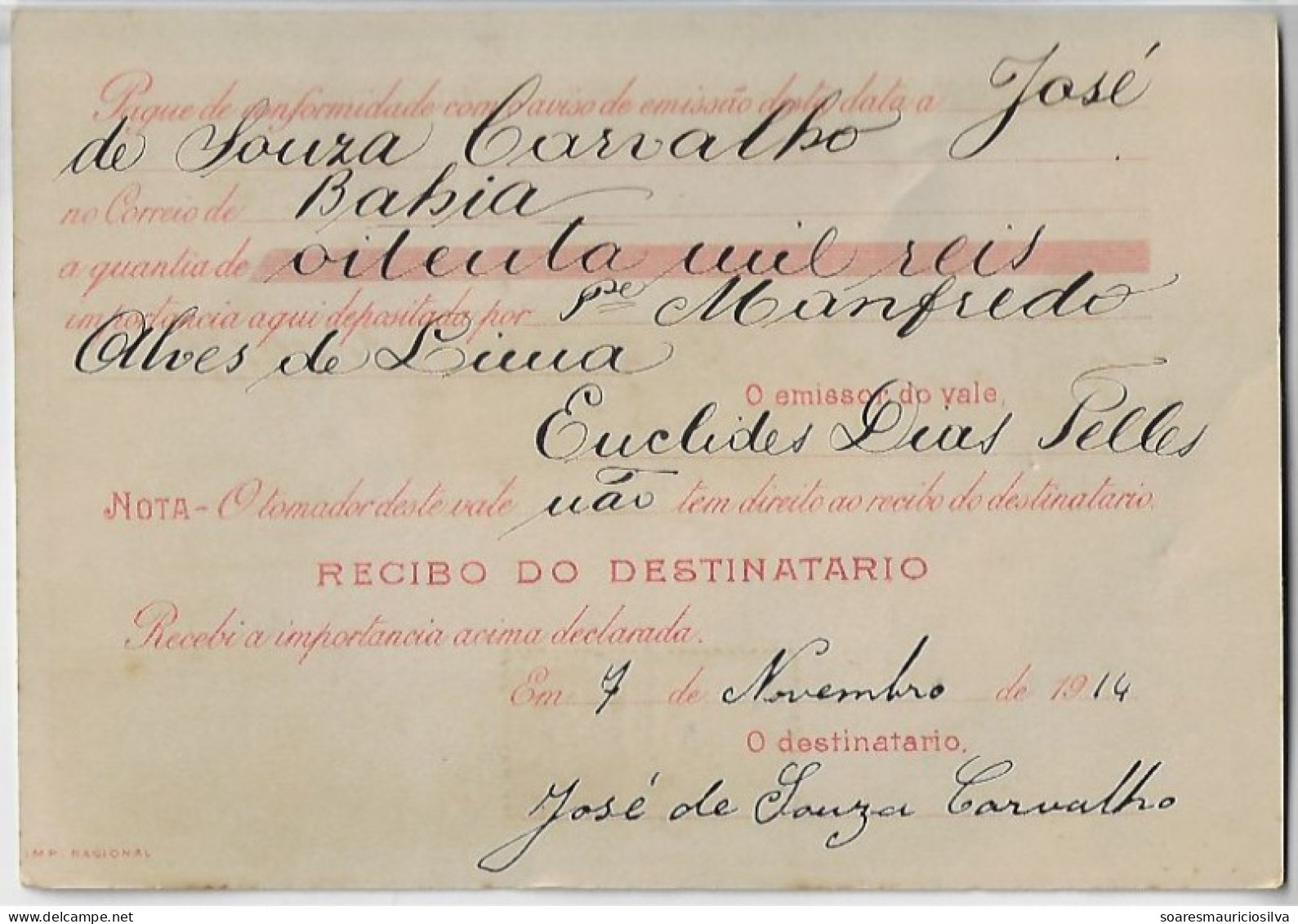 Brazil 1914 Money Order From Aracaju To Salvador Bahia Vale Postal Stamp 10$000 20$000 50$000 Definitive 1$000 Republic - Briefe U. Dokumente