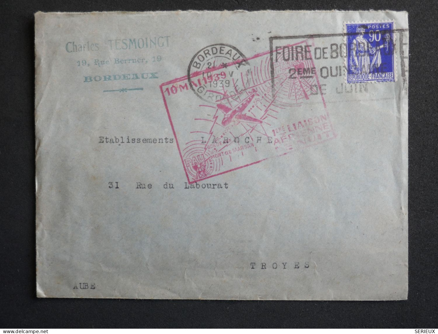 DK 18 FRANCE   BELLE LETTRE 1939 1ER VOL  BORDEAUX .. A TROYES +++AFF. INTERESSANT+ - Erst- U. Sonderflugbriefe