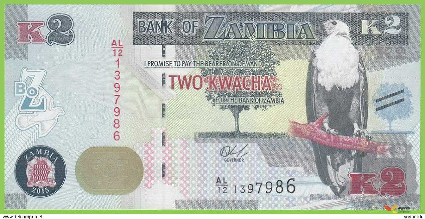 Voyo ZAMBIA 2 Kwacha 2015 P56a B159a AL/12 UNC Fish Eagle - Zambia