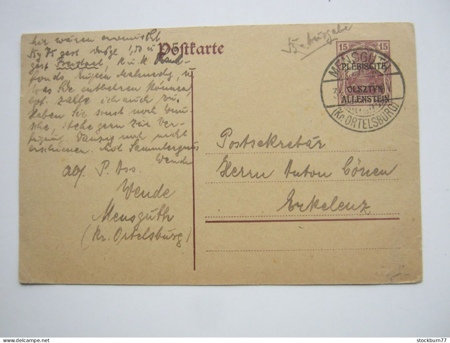 ALLENSTEIN ,  Ganzsache Aus MENSGUTH ,  1920 - Allenstein