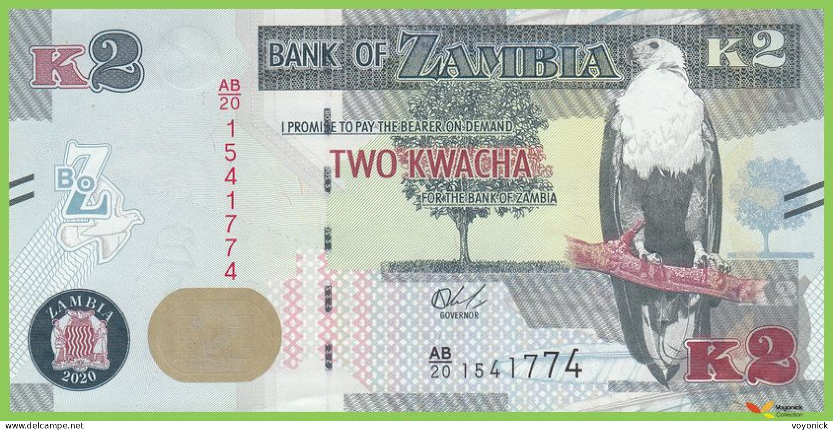 Voyo ZAMBIA 2 Kwacha 2020 P56c B165b AB/20 UNC Fish Eagle - Zambie