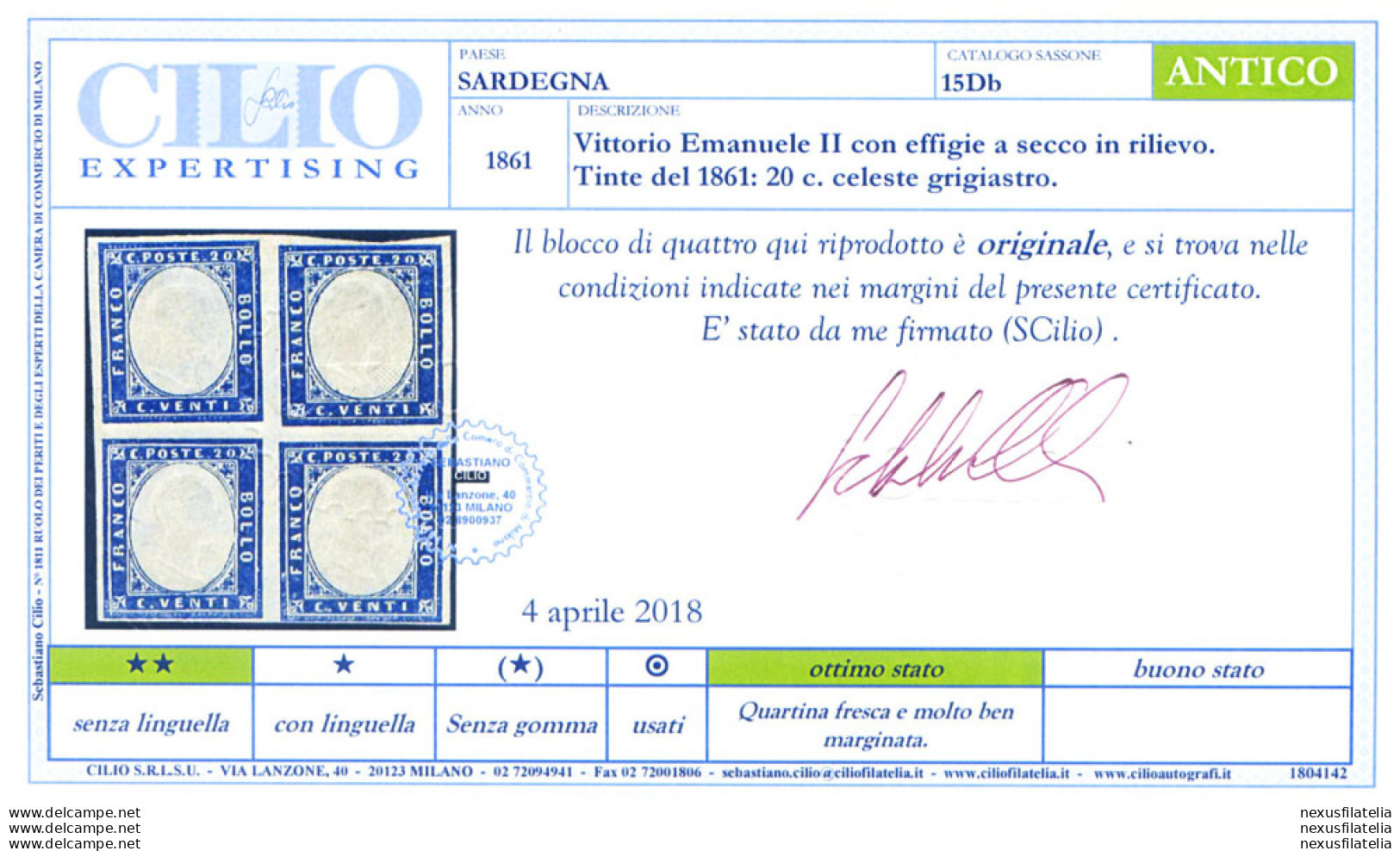 Sardegna. IV Emissione. 20 C. Celeste Grigiastro 1861. - Unclassified