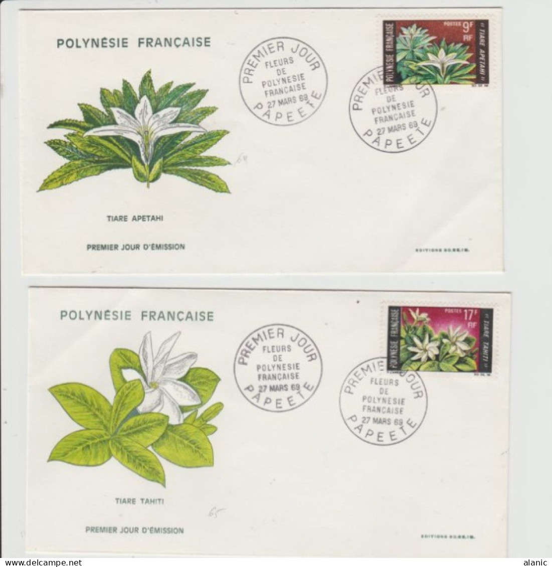 POLYNESIE- 2 FDC-1969 -N°64+65 -TIARE TAHITI & TIARE APETEHI - FDC