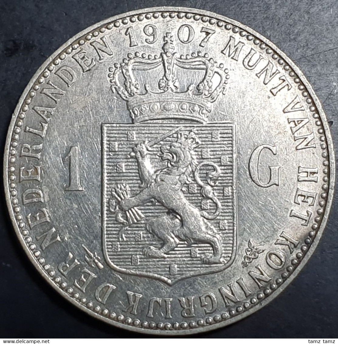 Netherlands 1 Gulden Wilhelmina Crown 1907 Silver AUNC High Grade - 1 Florín Holandés (Gulden)