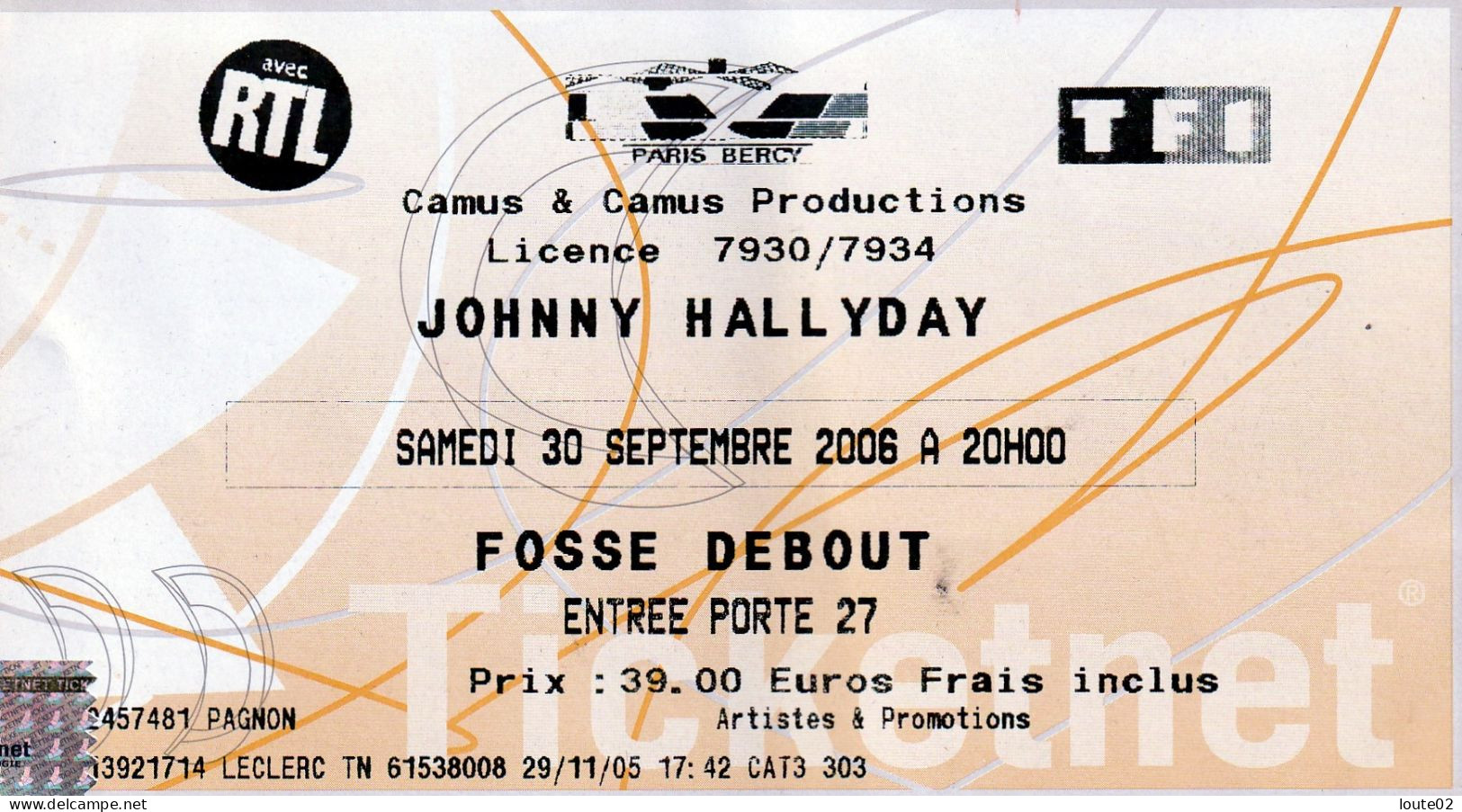 2 TICKETS DE CONCERTS DE JOHNNY HALLYDAY  PARIS BERCY 2006 - Tickets De Concerts