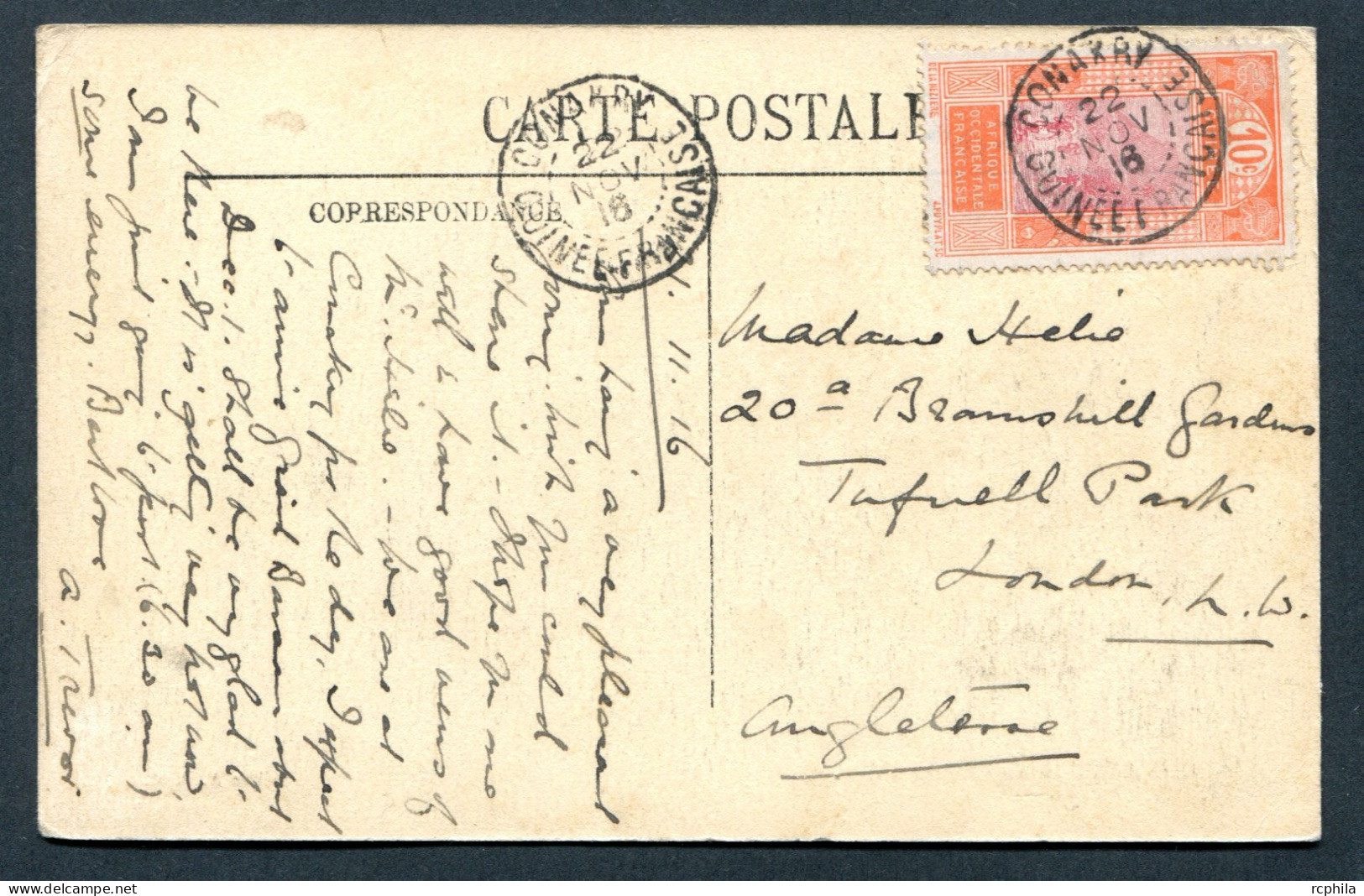 RC 27149 GUINÉE FRANÇAISE 1916 - 10c SUR CARTE POSTALE DE CONAKRY POUR LONDRES ANGLETERRE - Covers & Documents