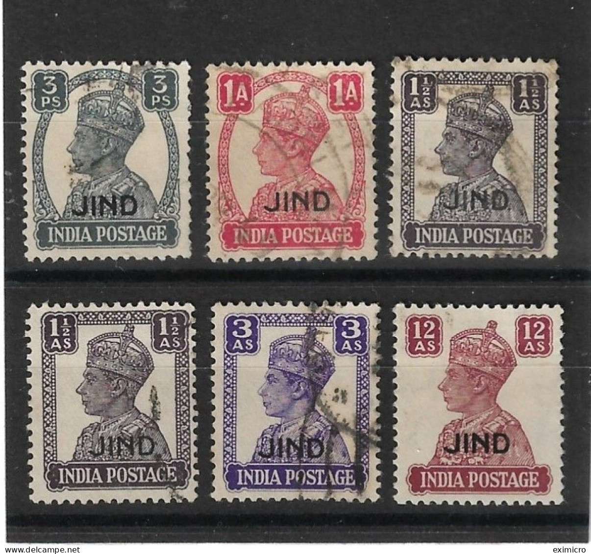 INDIA - JIND 1940 - 1943 3p,1a,1½a Litho, 1½a Typo, 3a Litho, 12a SG 137,140, 142, 142a, 144, 149 FINE USED Cat £54 - Jhind