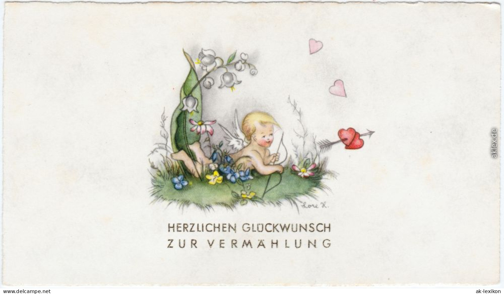  Glückwunsch Hochzeit: Liebesengel Mit Herz-Pfeil Und Bogen Unter Glockenblume 1965 - Noces