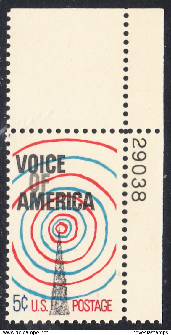 !a! USA Sc# 1329 MNH SINGLE From Upper Right Corner W/ Plate-# 29038 - Voice Of America - Nuovi