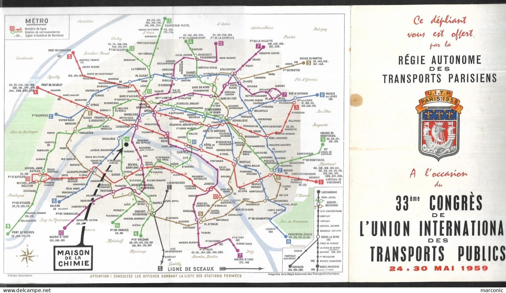 PLAN RATP 1959 Paris Et Banlieue Métro Autobus Illust. REDON, 33e Congrès Transports Publics - Europa