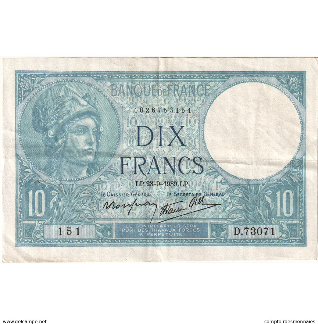 France, 10 Francs, Minerve, 1939, D.73071, TTB+, Fayette:7.9, KM:84 - 10 F 1916-1942 ''Minerve''