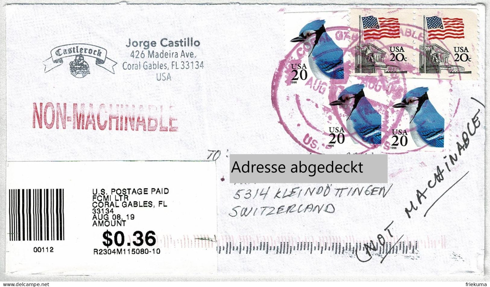 Vereinigte Staaten / USA 2019, Brief Coral Gables - Kleindöttingen (Schweiz), Nicht Bearbeitbar / Non-Machinable - Lettres & Documents