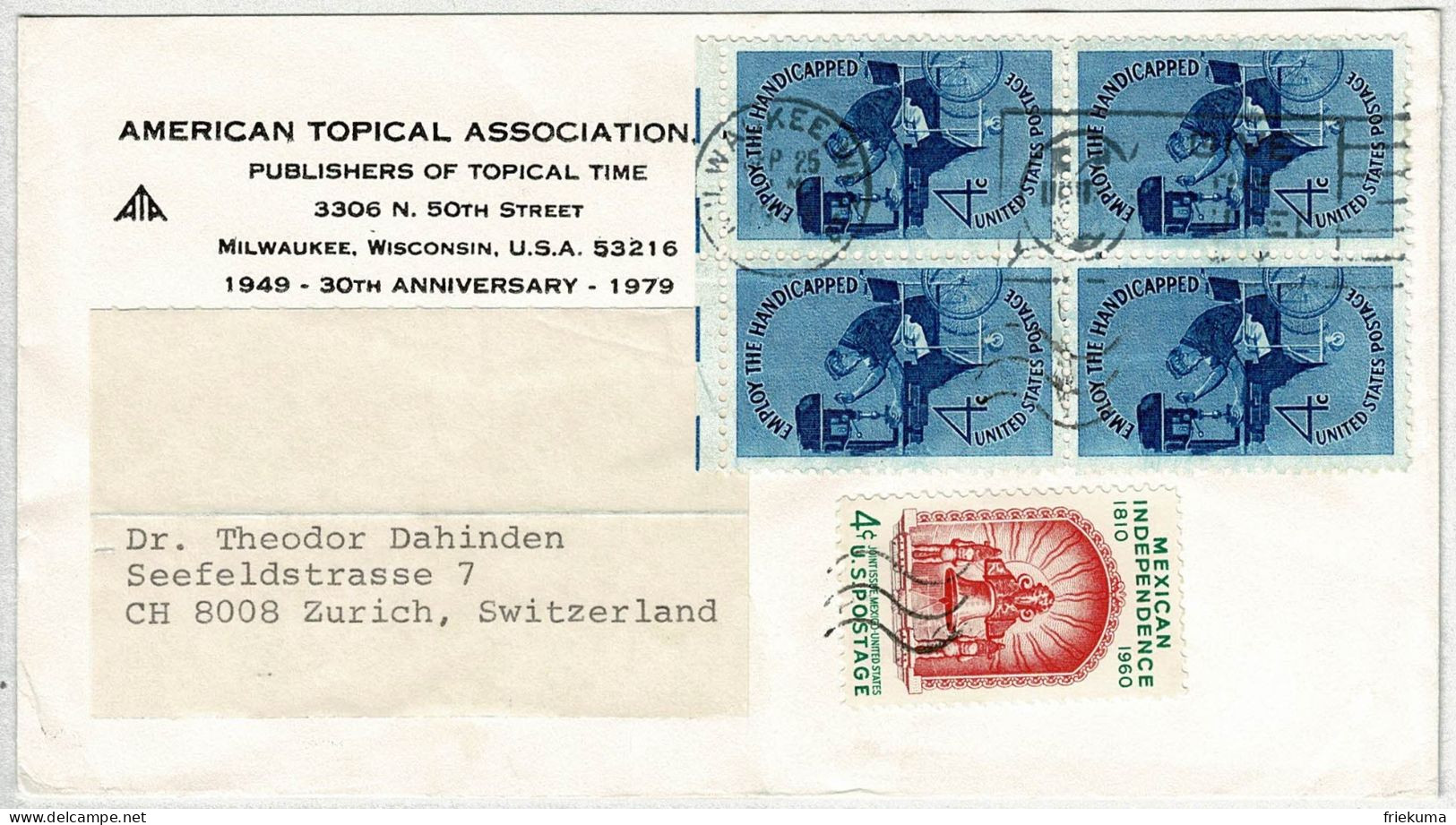 Vereinigte Staaten / USA, Brief Milwaukee - Zürich (Schweiz), Employ The Handicapped - Cartas & Documentos