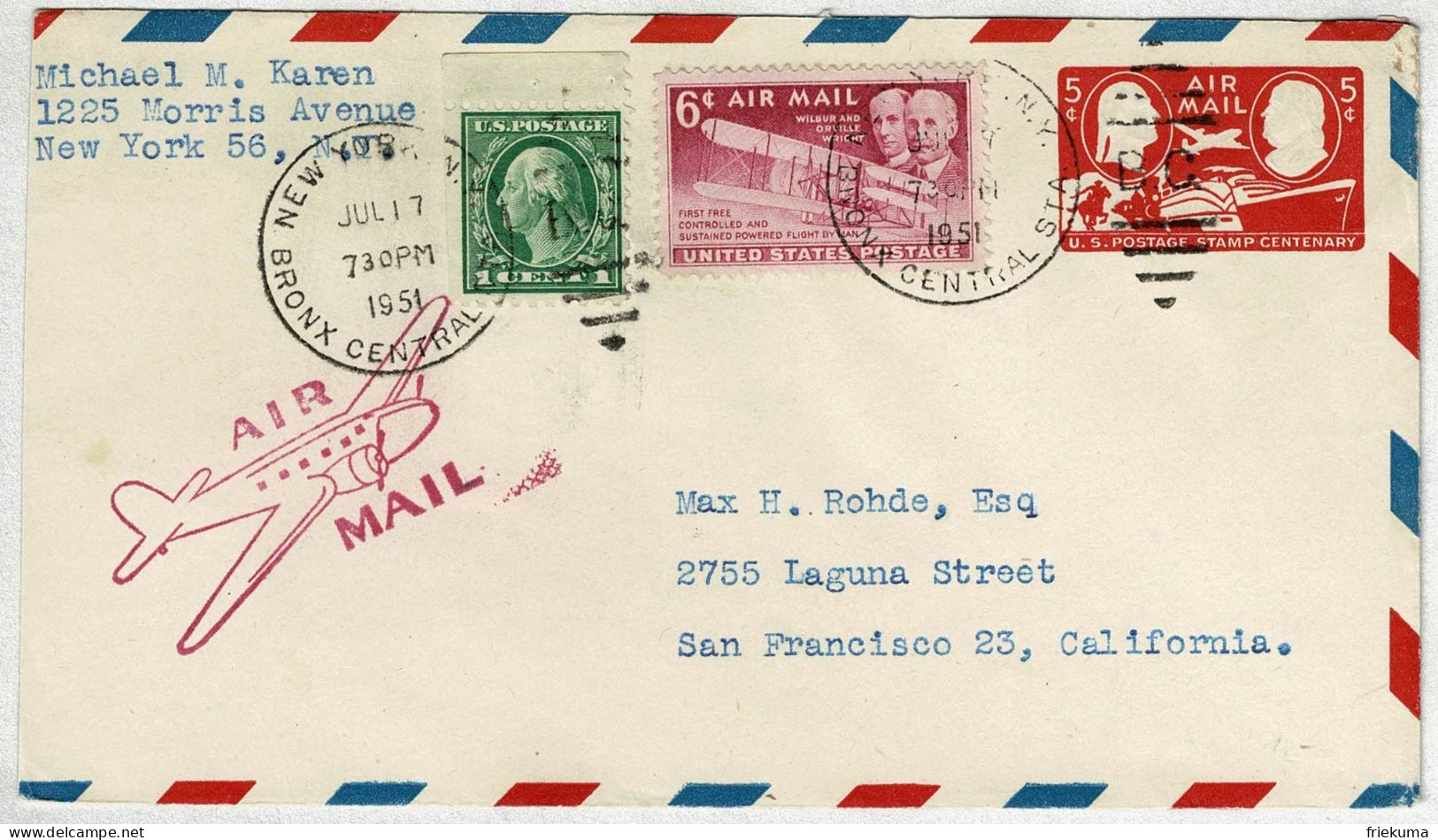 Vereinigte Staaten 1951, Ganzsachen-Brief / Stationery Luftpost / Air Mail New York - San Francisco - 1941-60