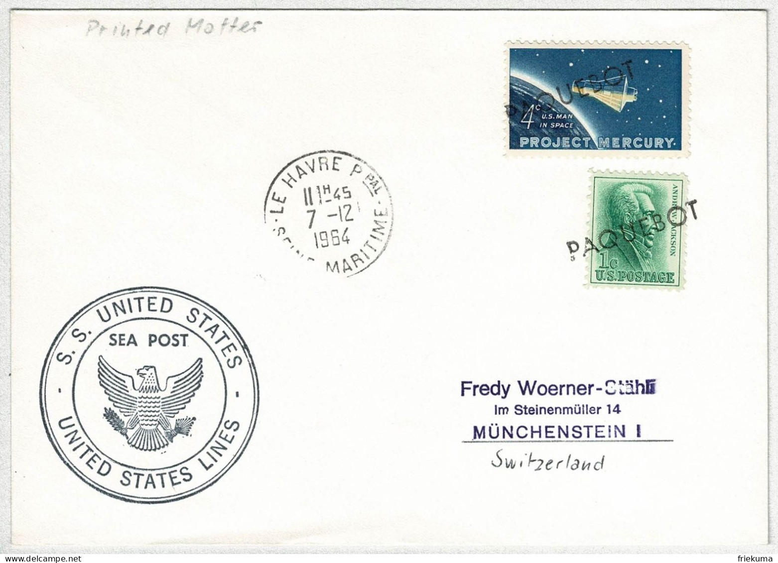 Vereinigte Staaten / USA 1964, Brief United States Lines Paquebot - Münchenstein (Schweiz), Via Le Havre - Briefe U. Dokumente