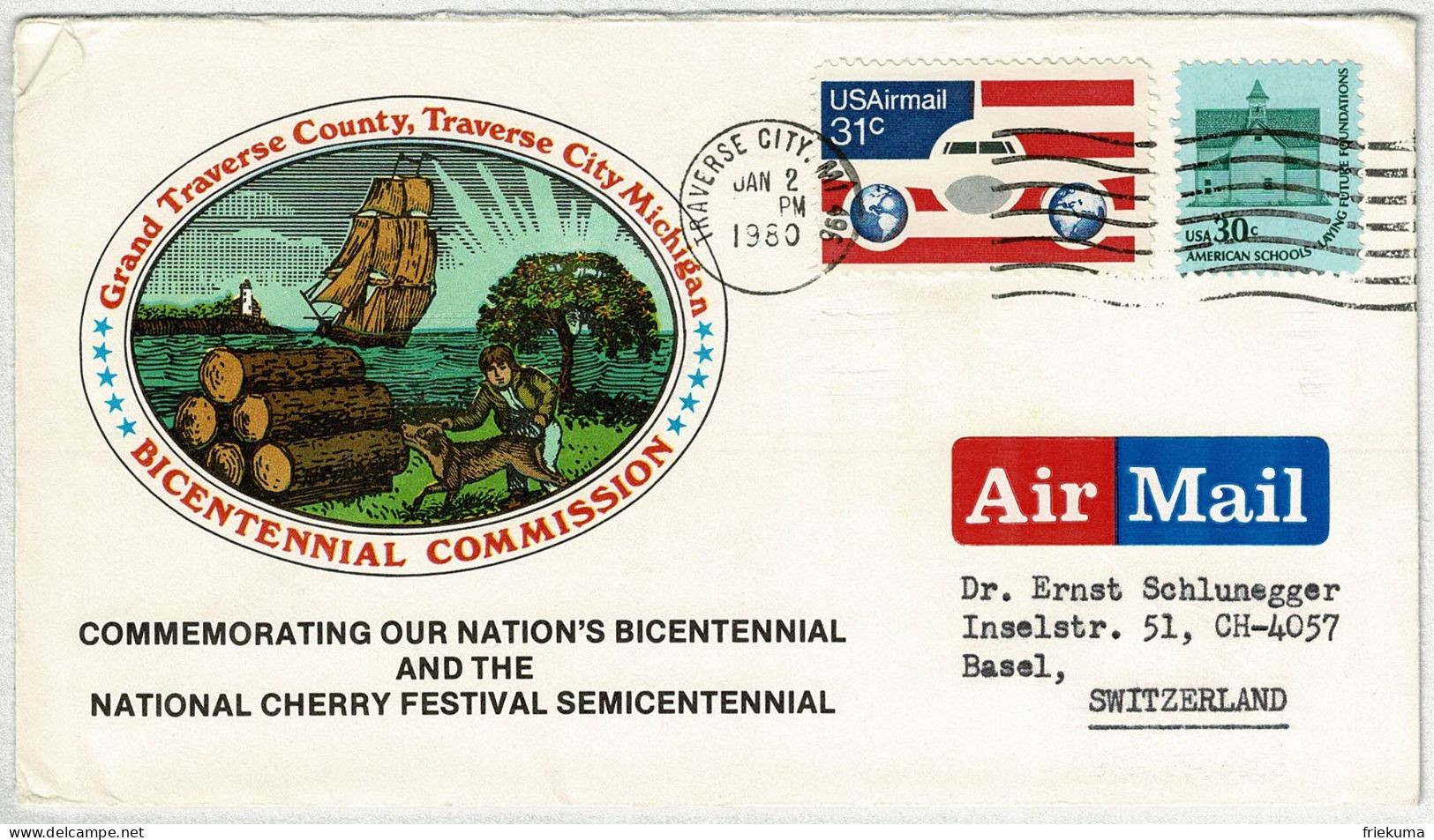 Vereinigte Staaten / USA 1980, Luftpostbrief / Air Mail Traverse City - Basel (Schweiz)  - Lettres & Documents