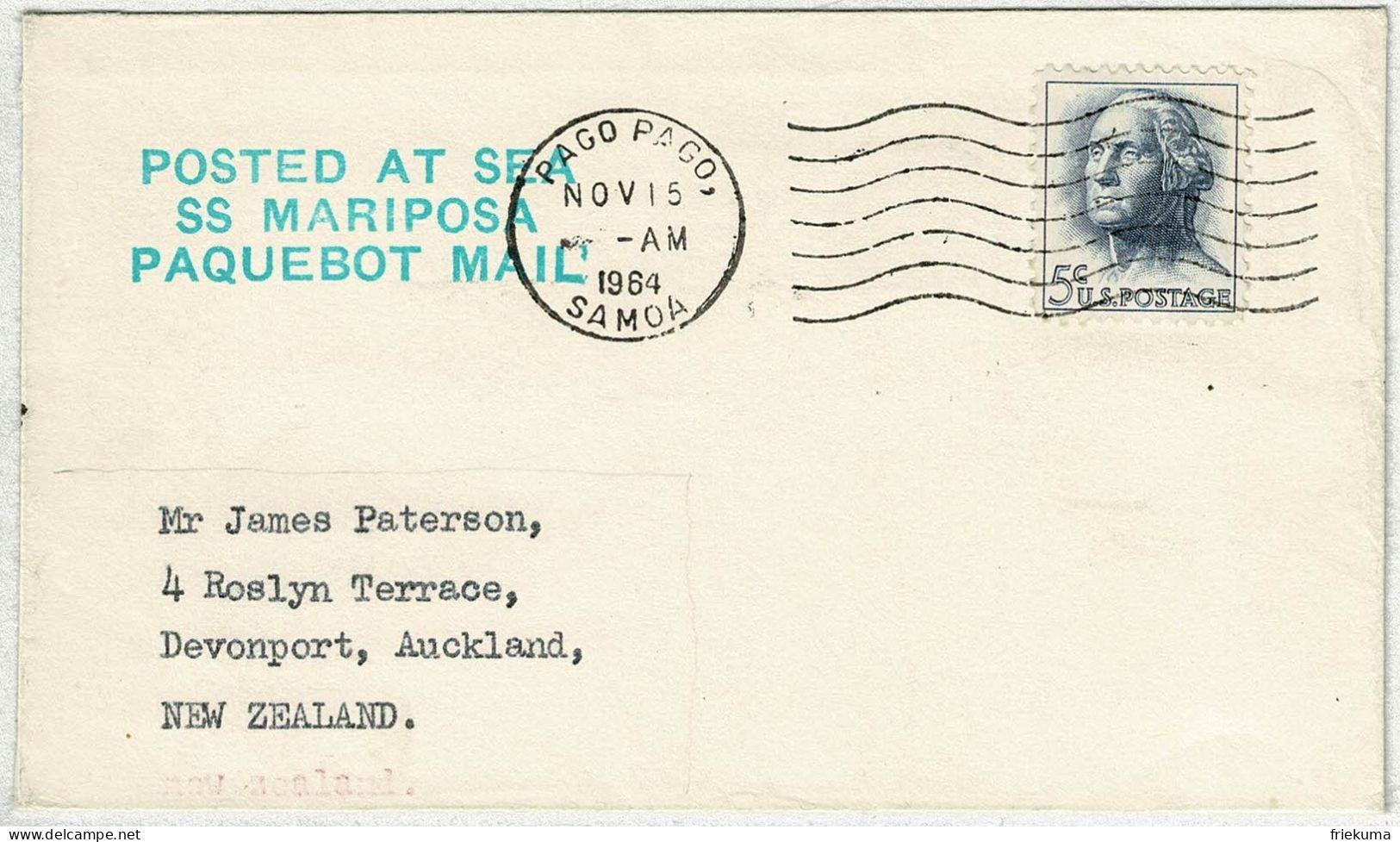 Vereinigte Staaten / USA 1964, Brief / Paquebot Mail SS Mariposa Pago Pago  - Devenport (Neuseeland) - Covers & Documents