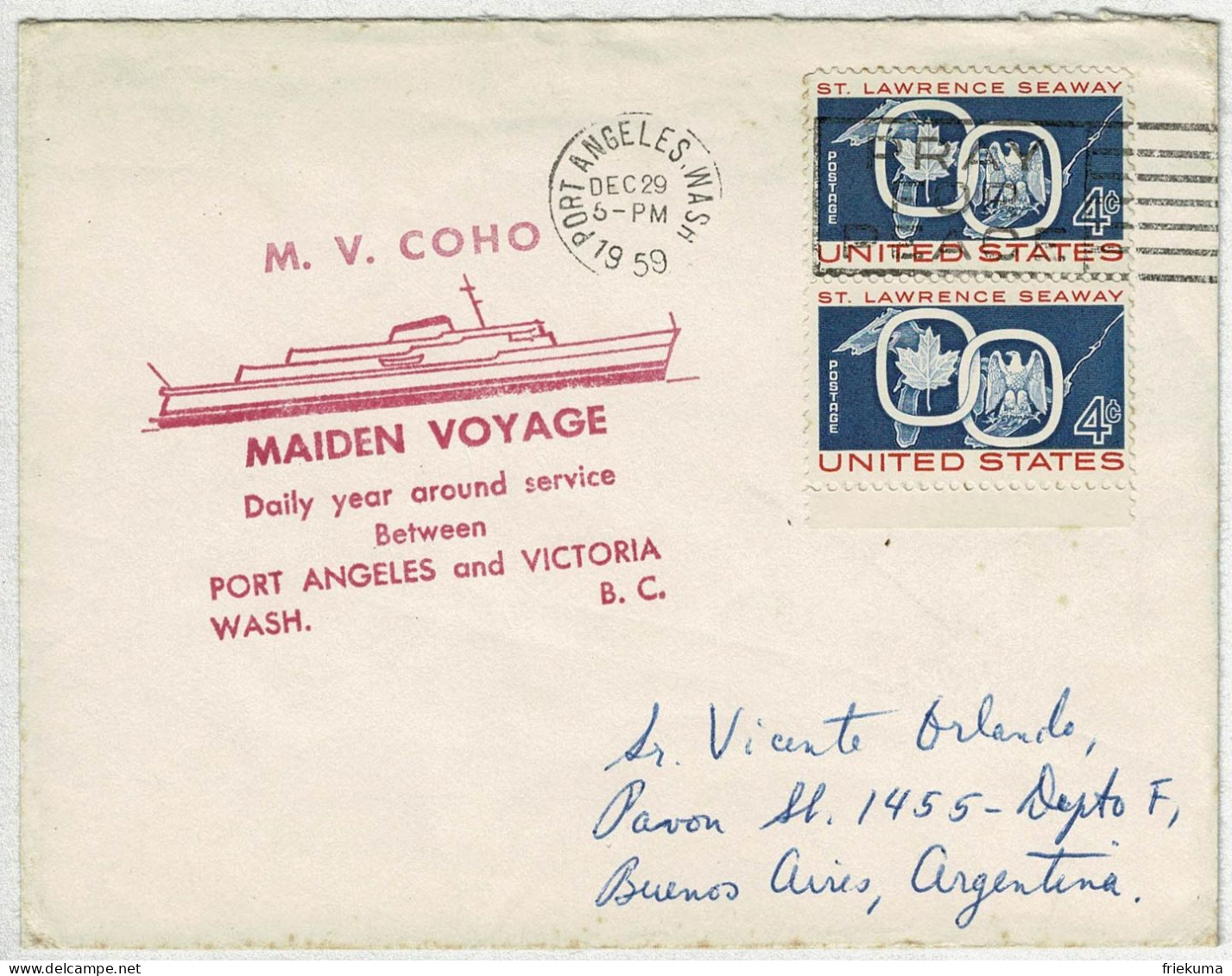 Vereinigte Staaten / USA 1959, Brief Port Angeles Wash - Buenos Aires (Argentinien), Maiden Voyage M.V. Coho - Cartas & Documentos