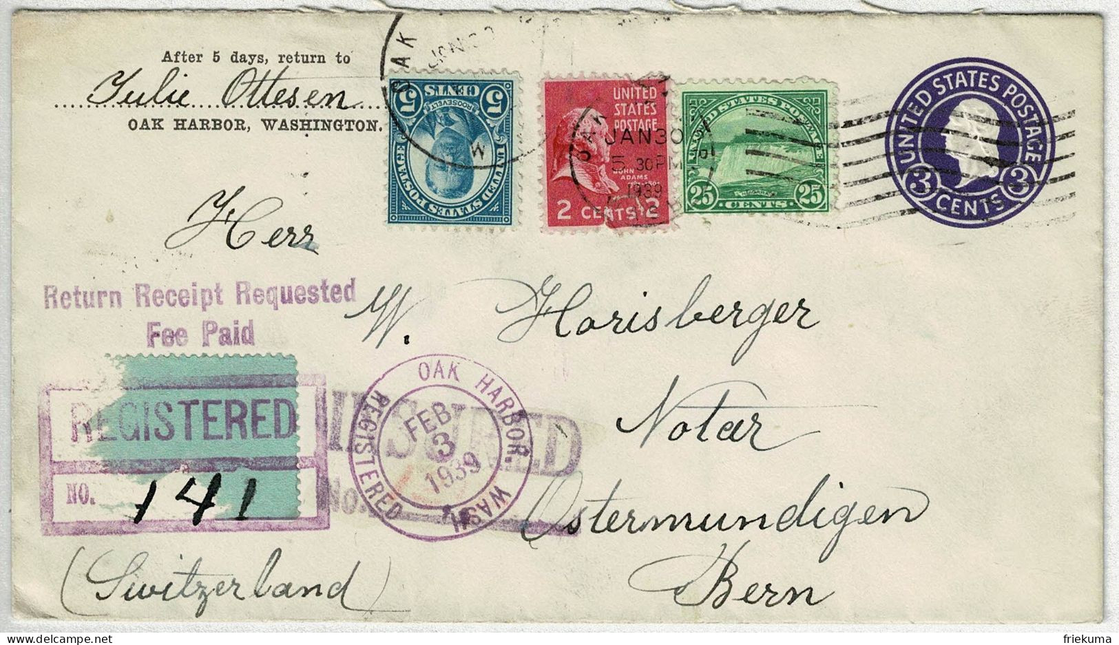 Vereinigte Staaten / USA 1939, Ganzsachen-Brief / Stationery Registered OAK Harbor - Ostermundigen (Schweiz) - 1921-40