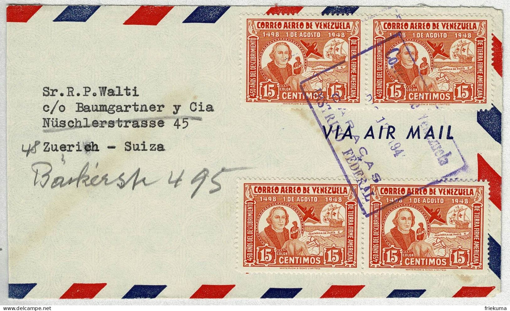 Venezuela, Luftpostbrief / Air Mail Caracas - Zürich (Schweiz), Kolumbus / Colon, Mehrfachfrankatur - Venezuela