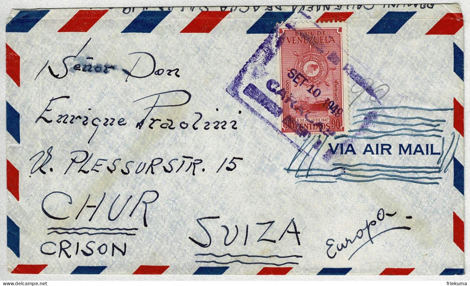 Venezuela 1949, Luftpostbrief / Air Mail Caracas - Chur (Schweiz) - Venezuela