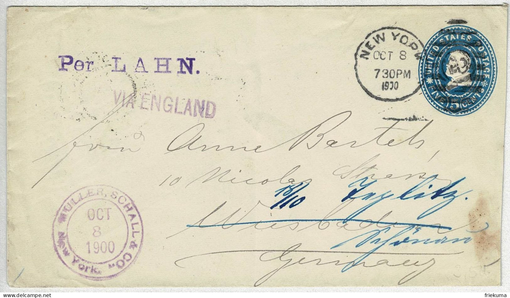 Vereinigte Staaten / USA 1900, Ganzsachen-Brief / Stationery New York Via England Nach Wiesbaden, Nachsendung Teplitz - ...-1900