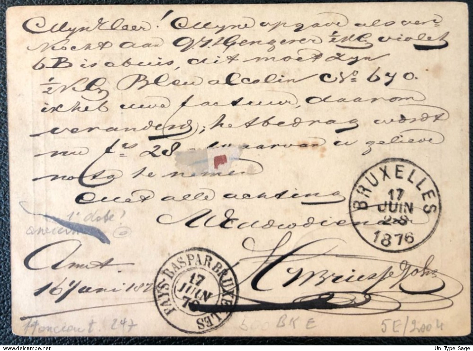 Pays-Bas, Entier-carte D'Amsterdam - Cachet PAYS-BAS PAR BRUXELLES17.6.1876 (au Verso) - (A414) - Postal Stationery