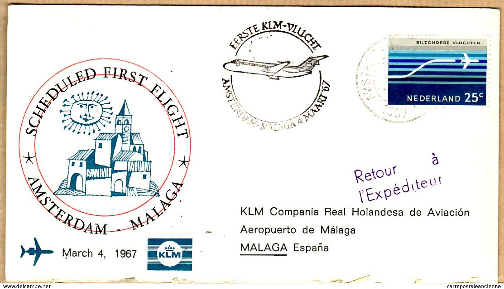 20437 / ⭐ ◉ KLM Scheduled First Flight March 4, 1967 AMSTERDAM-MALAGA Vol Inaugural Eerste Vlucht Retour Expéditeur - Storia Postale