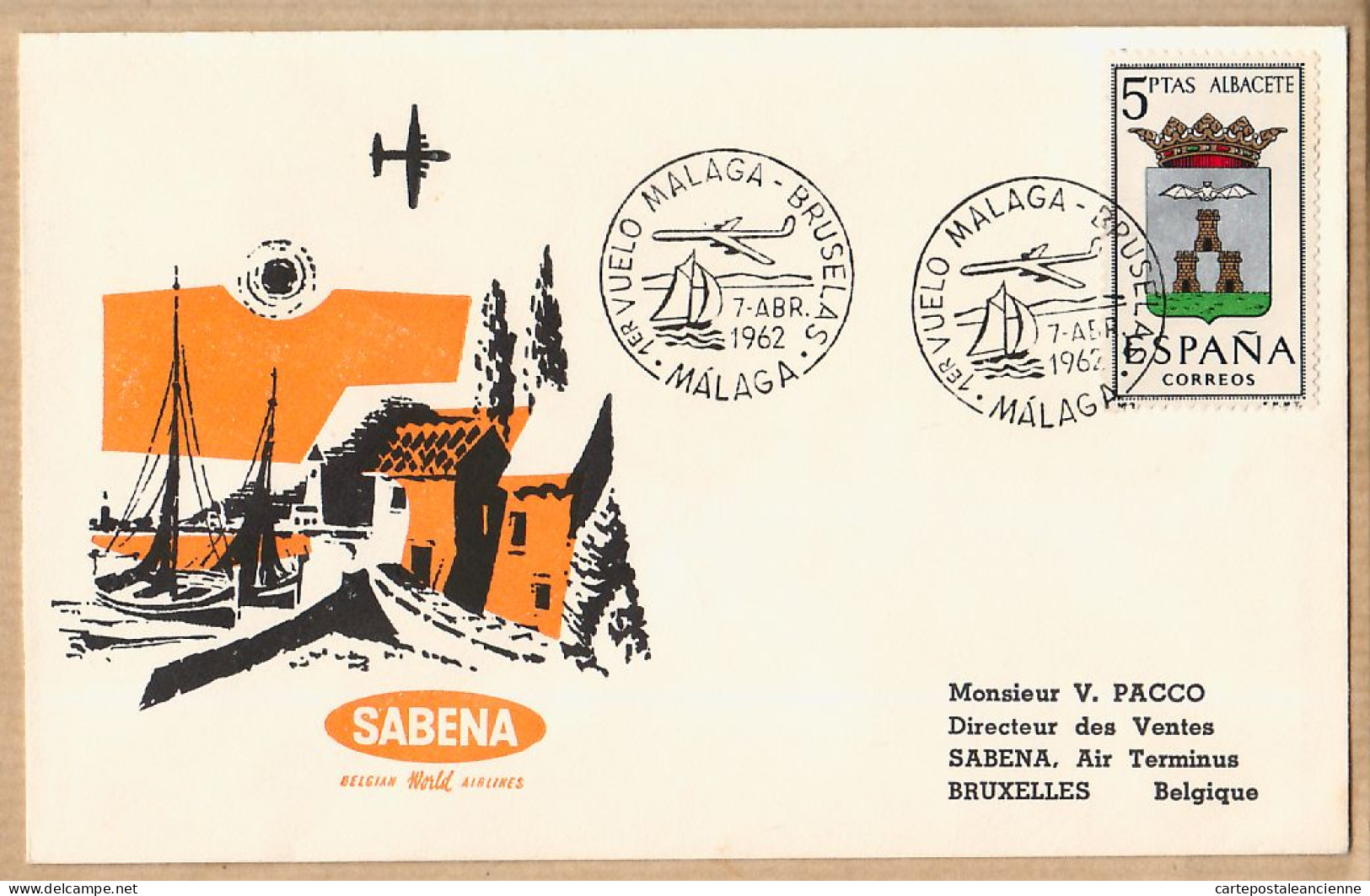 20435  / ⭐ ◉  Aérophilatélie MALAGA- BRUSELAS BRUXELLES 1er Vuelo 7 Abril1962 SABENA Belgian Airlines - Briefe U. Dokumente