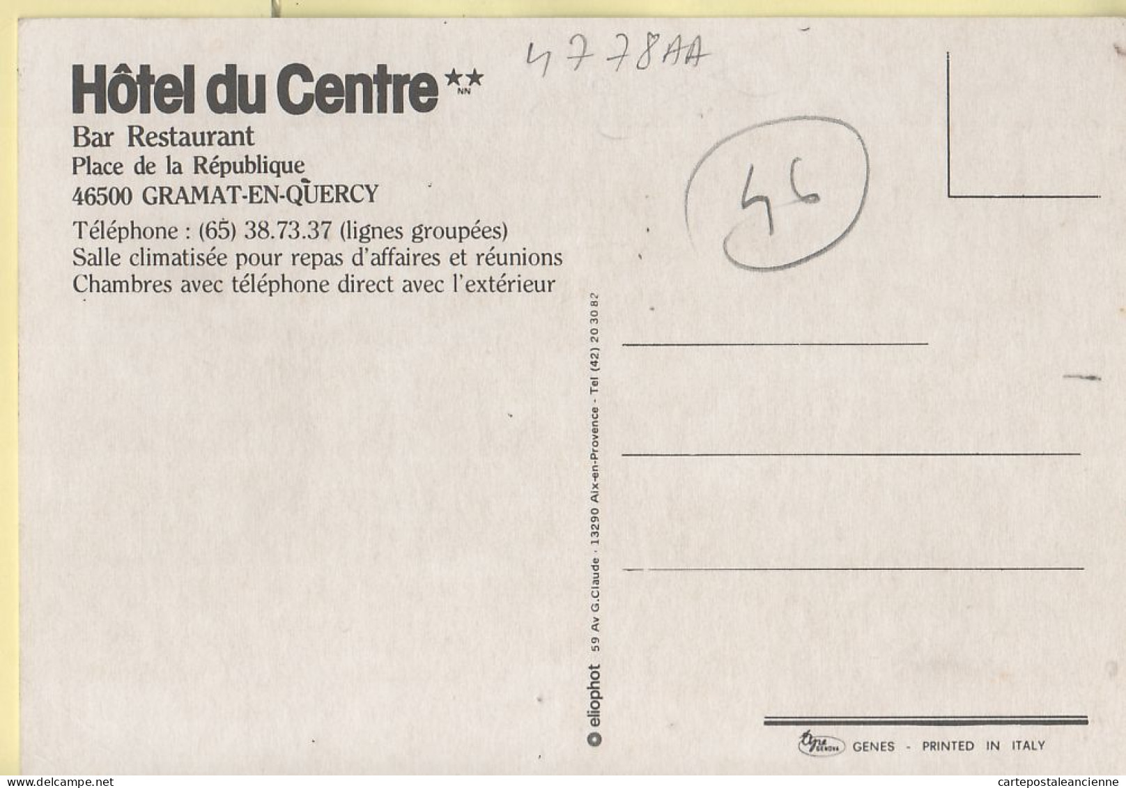 20296 / ⭐ ◉ GRAMAT Lot Hotel Bar Restaurant Du CENTRE -Période GRIMAL- Place De La République 1975s - ELIOPHOT GENES - Gramat