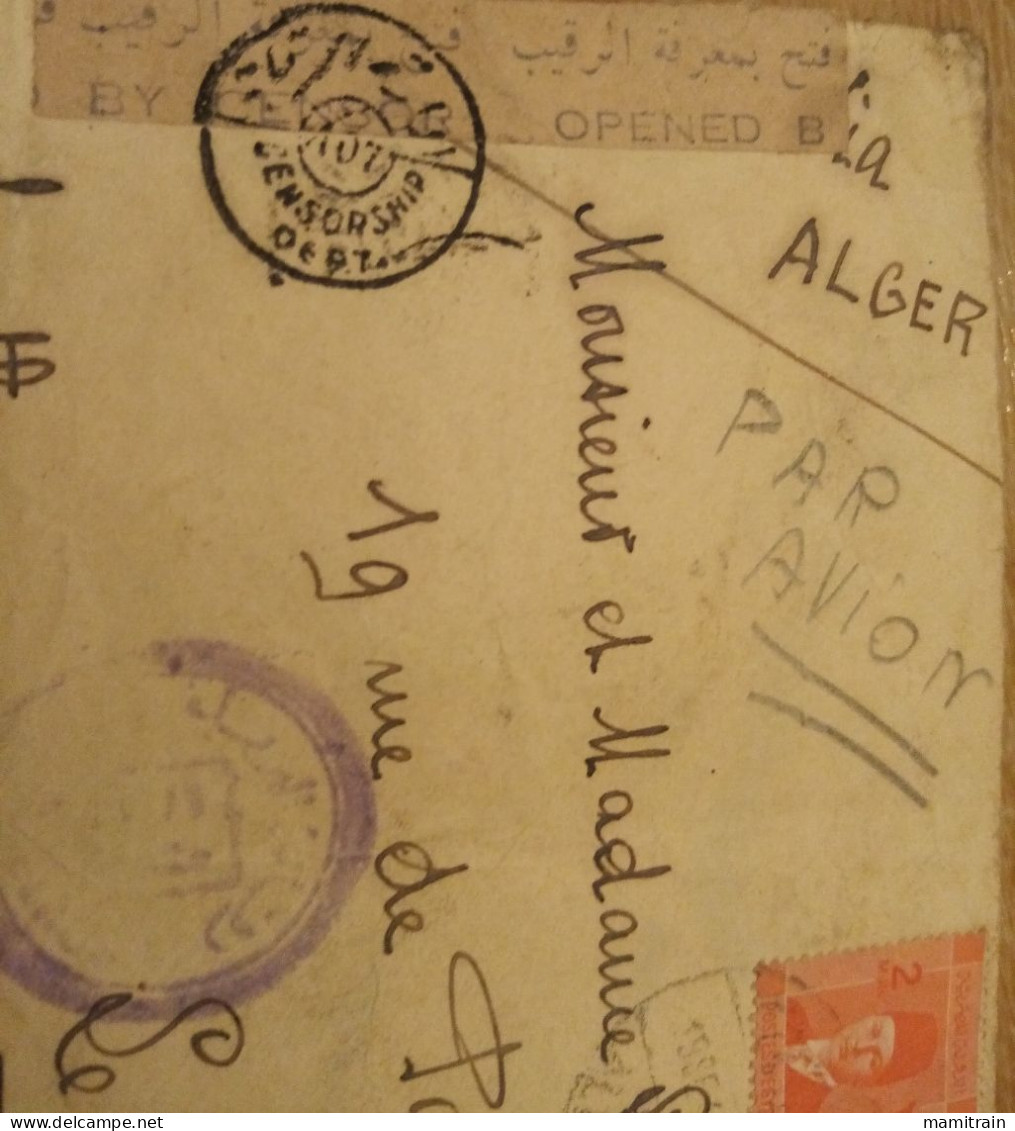 Enveloppe Censurée Via Alger Par Avion 1944 Examiner 7252 - Covers & Documents