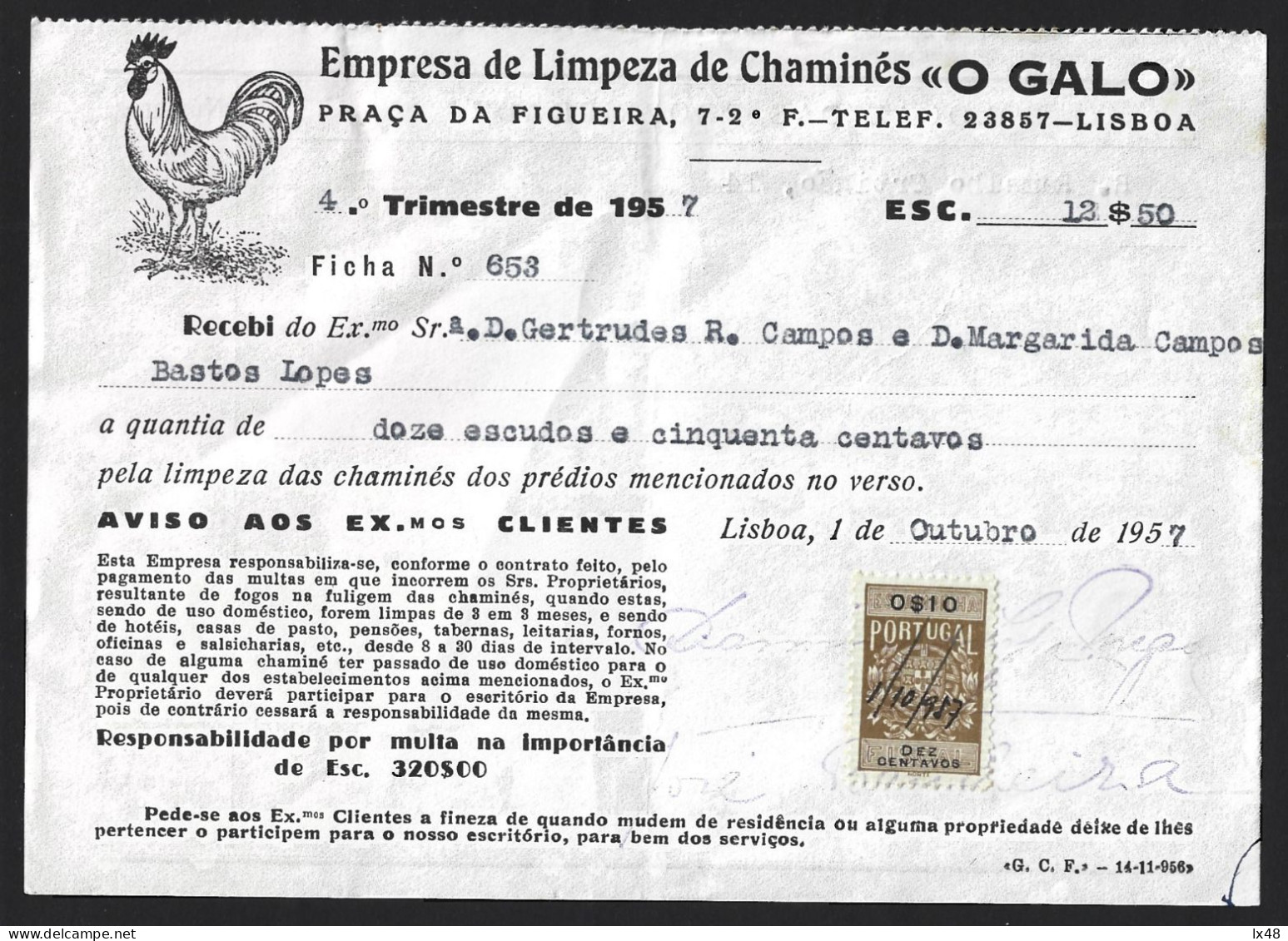 Rooster. Invoice From The Chimney Clean Company 'Galo' From 1957. Tax Stamp 0$10. Haan. Factuur Van Chimney Clean. Hahn. - Portugal