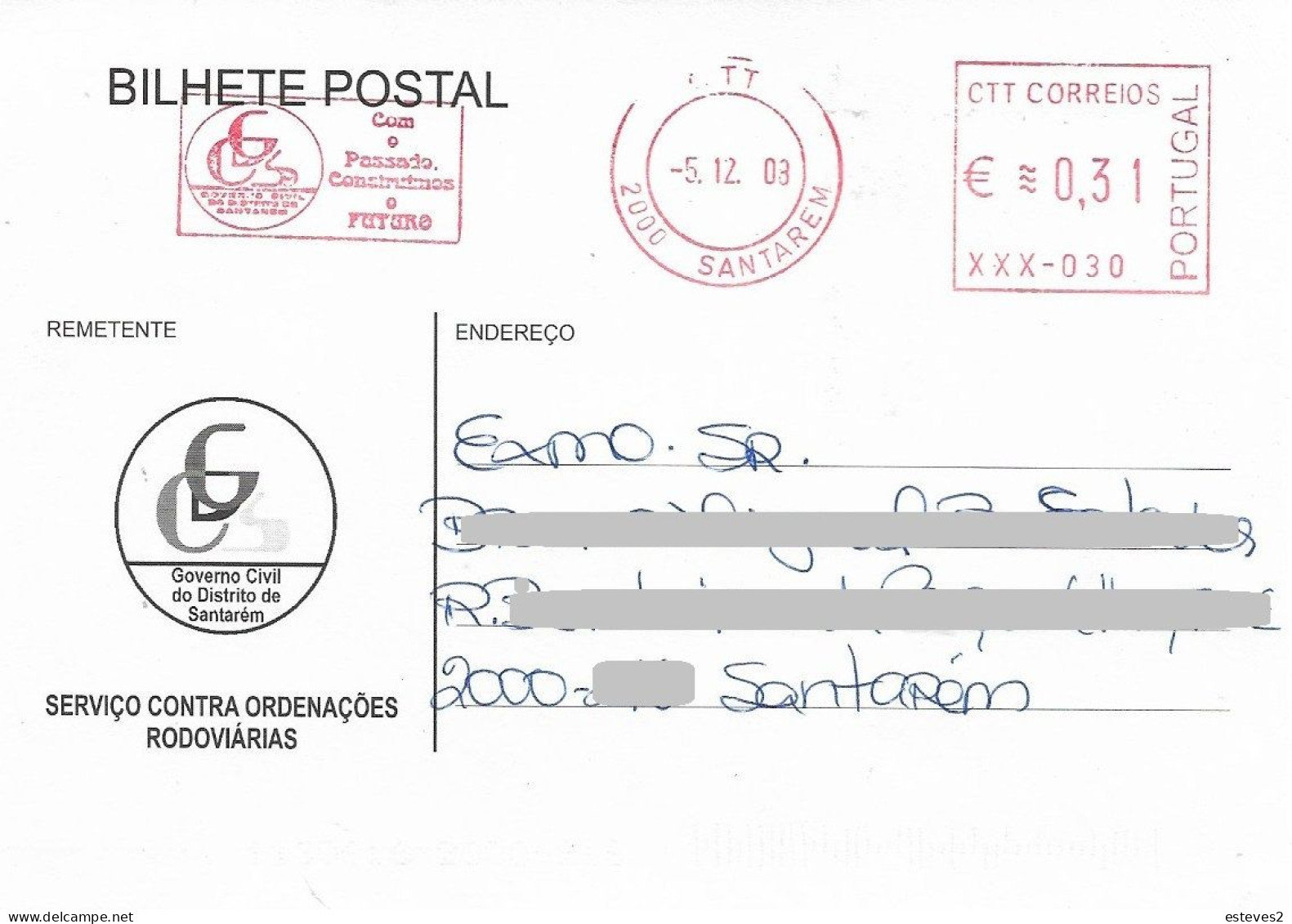 Portugal , 2003 , Advertising  Postmark Of  Governo Civil De Santarém - Poststempel (Marcophilie)