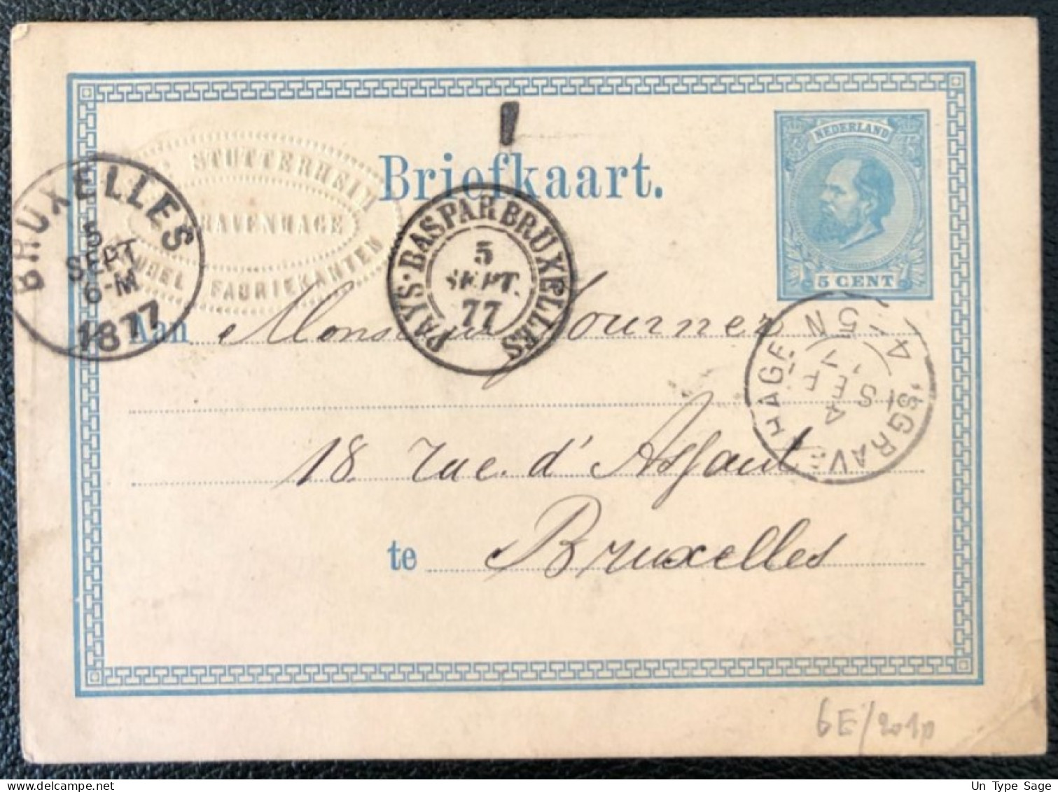 Pays-Bas, Entier-carte De 's Gravenhage (La Haye) - Cachet PAYS-BAS PAR BRUXELLES 5.9.1877 - (A441) - Material Postal
