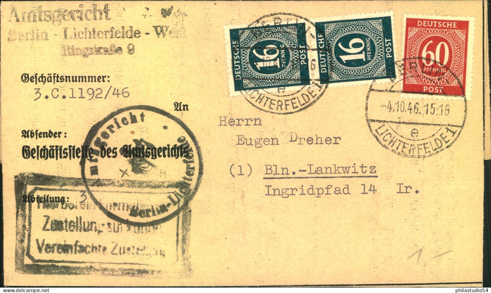 1946, Zustellung Mit 92 Pfg. Porto Ab BERLION - LICHTERFELDE - Cartas & Documentos