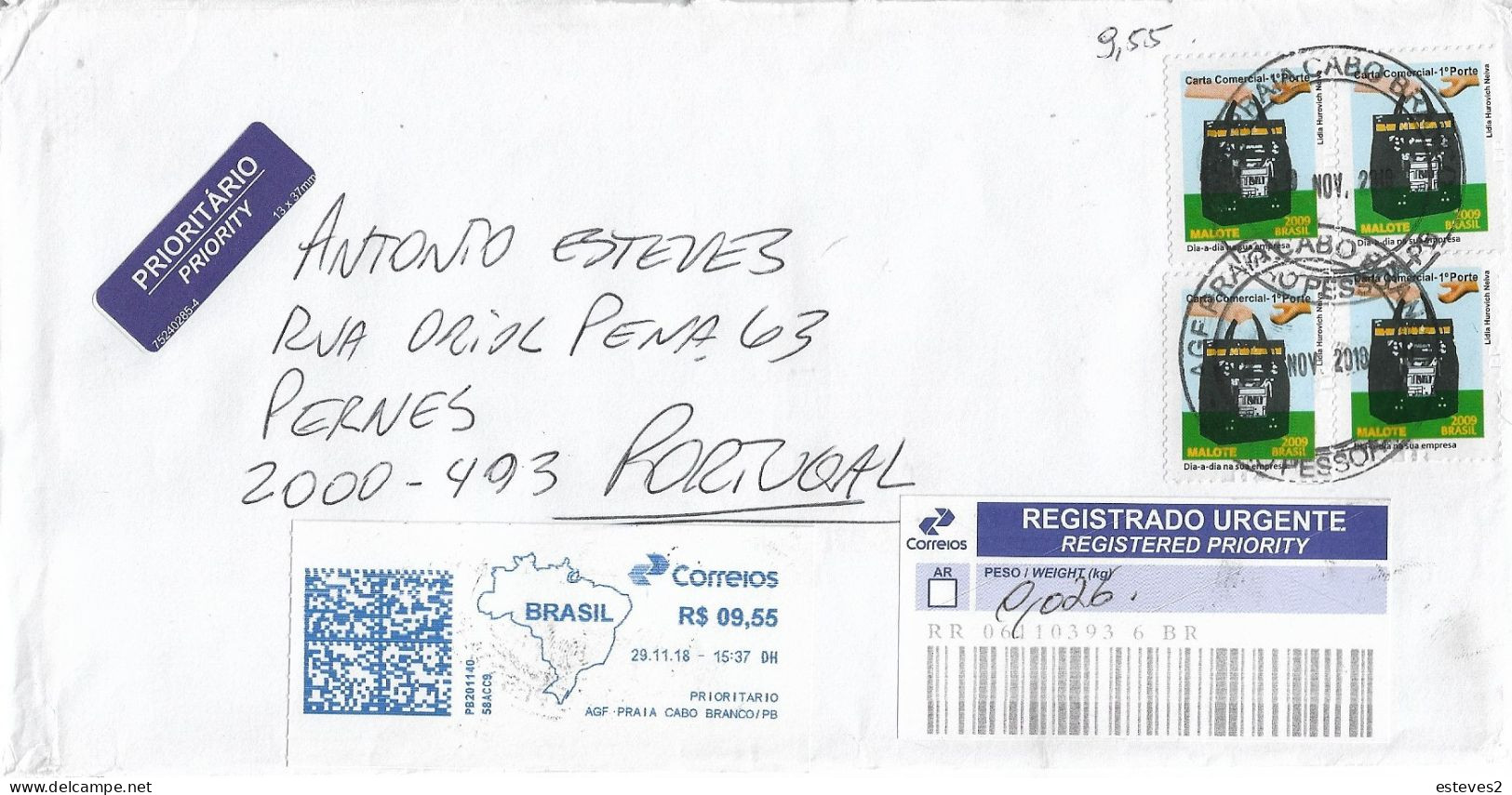 Brazil , Brasil , 2009 , Post Services , Malote , Post Bag , Registration Label , João Pessoa Praia Cabo Branco Postmark - Posta