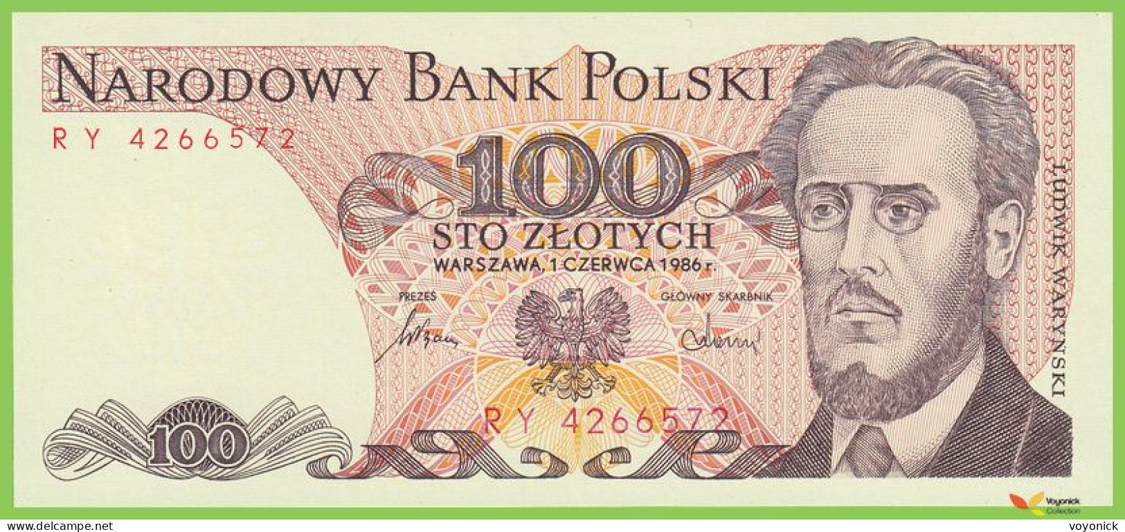 Voyo POLOGNE POLAND 100 Zlotych 1986 P#143e B835e RY  UNC - Polonia