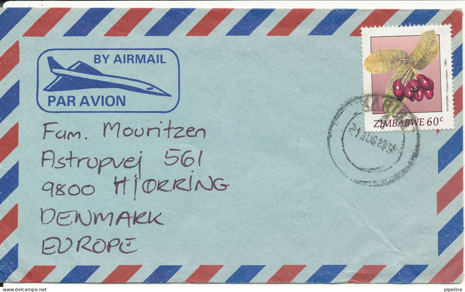 Zimbabwe Air Mail Cover Sent To Denmark 21-8-1991 Single Franked - Zimbabwe (1980-...)