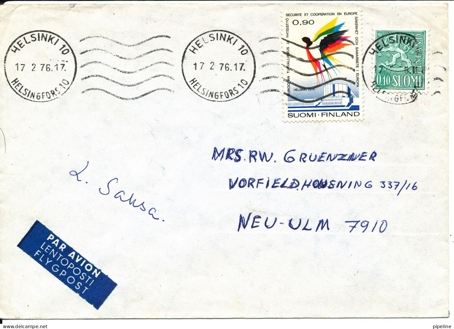 Finland Cover Sent To Germany Helsinki 17-2-1976 - Briefe U. Dokumente