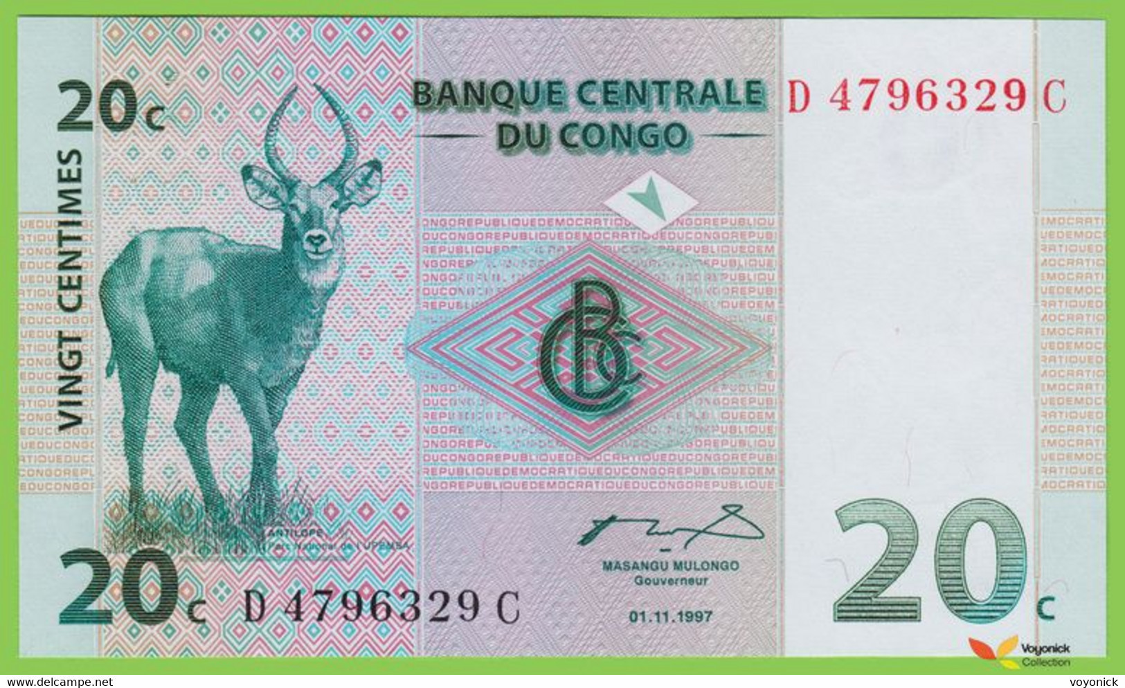 Voyo CONGO 20 Centimes 1997 P83a  B304a Prefix D Surfix C UNC  Upemba National Park - República Del Congo (Congo Brazzaville)