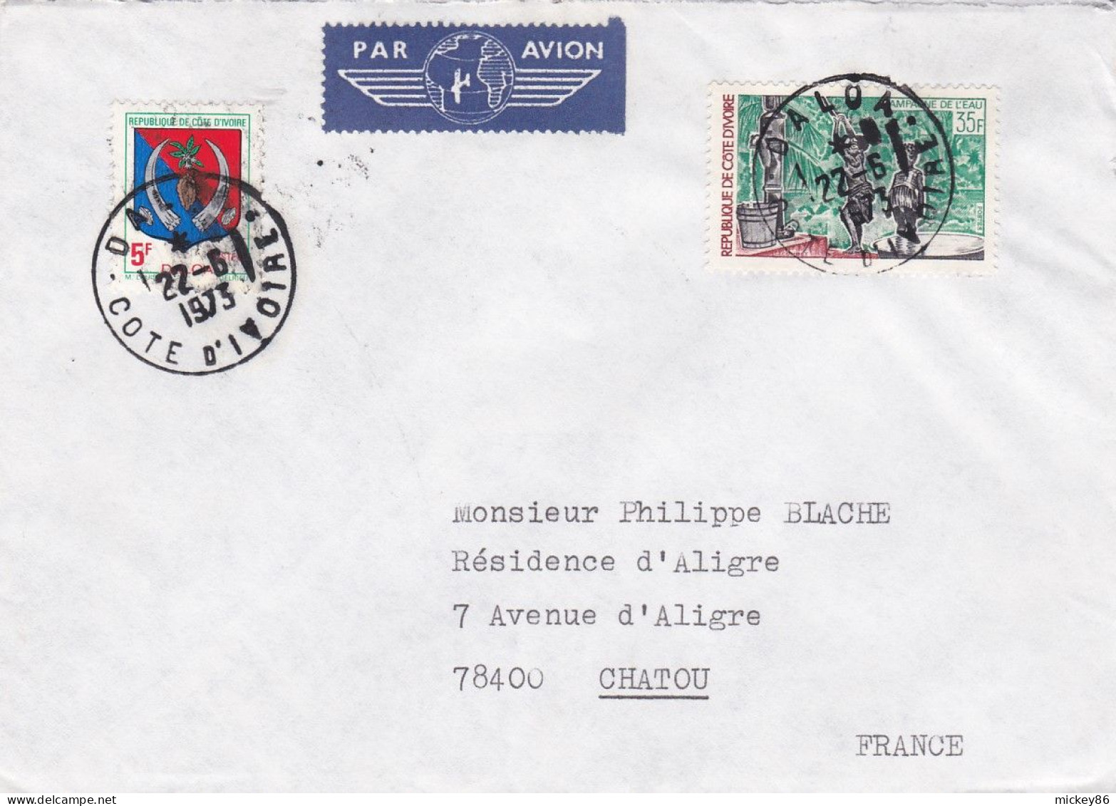 Côte D'Ivoire-1973--lettre DALOA Pour CHATOU -78 (France)-tps Campagne De L'eau,blason ..cachets - Ivory Coast (1960-...)