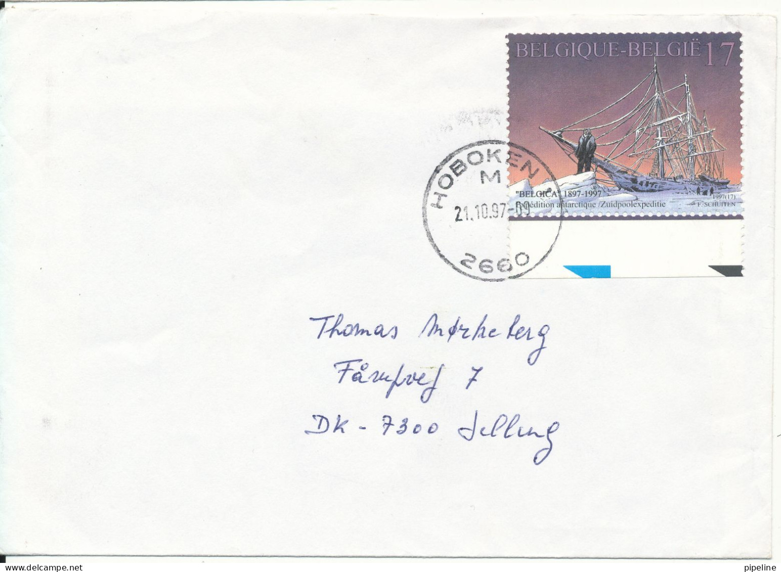 Belgium Cover Sent To Denmark Hoboken 21-10-1997 Single Franked "BELGICA" Antarctic Expedition - Cartas & Documentos