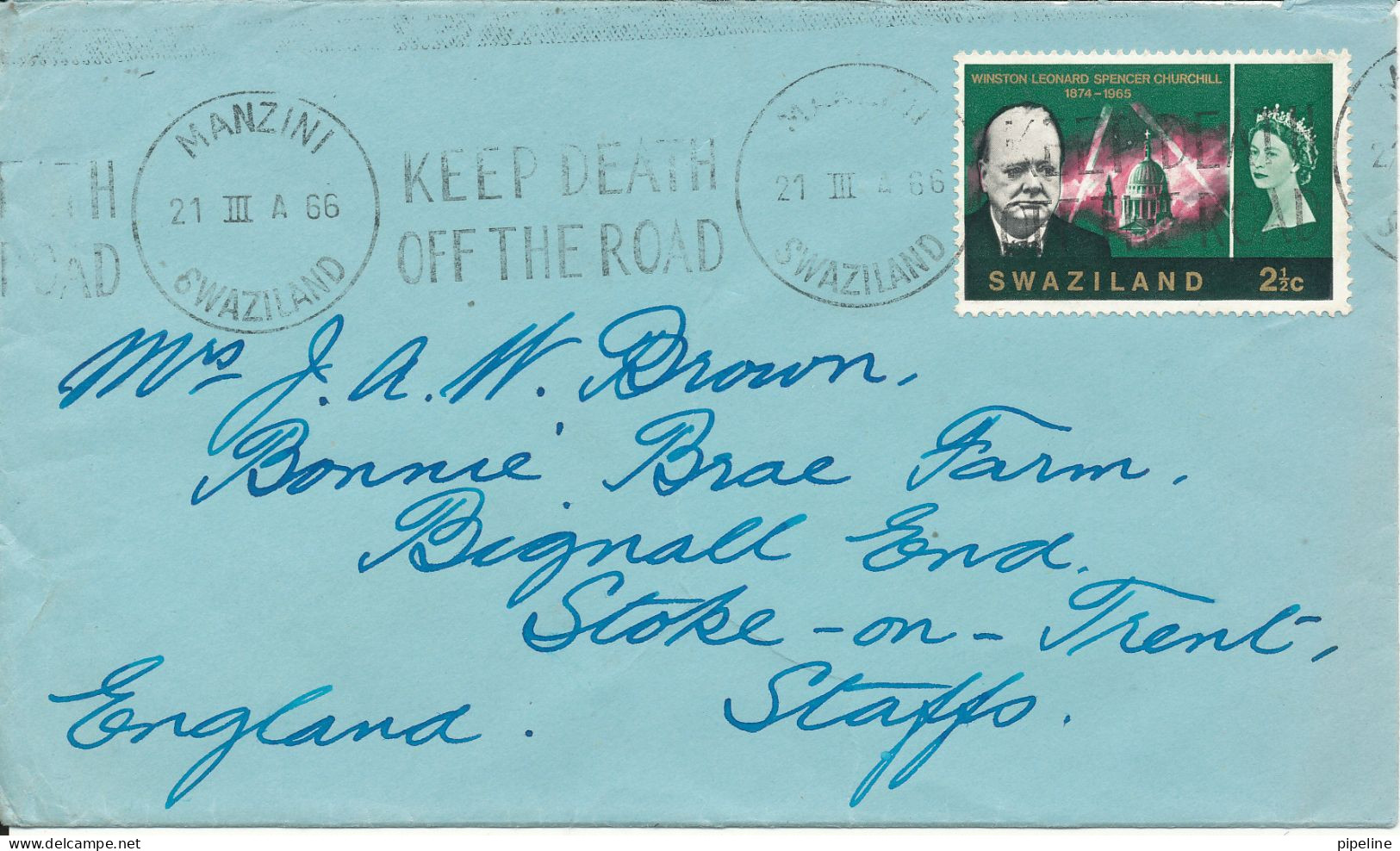 Swaziland Cover Sent To England Manzini 21-3-1966 Single Franked Winston Churchill - Swaziland (...-1967)