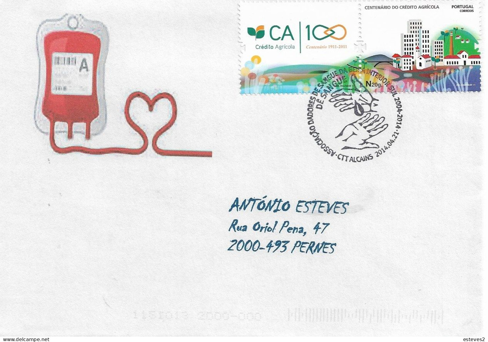 Portugal 2011 , Crédito Agrícola Centenary , Bank , Finance , Stamp + Corporate Cinderella , Blood Donation  Postmark - Cartas & Documentos