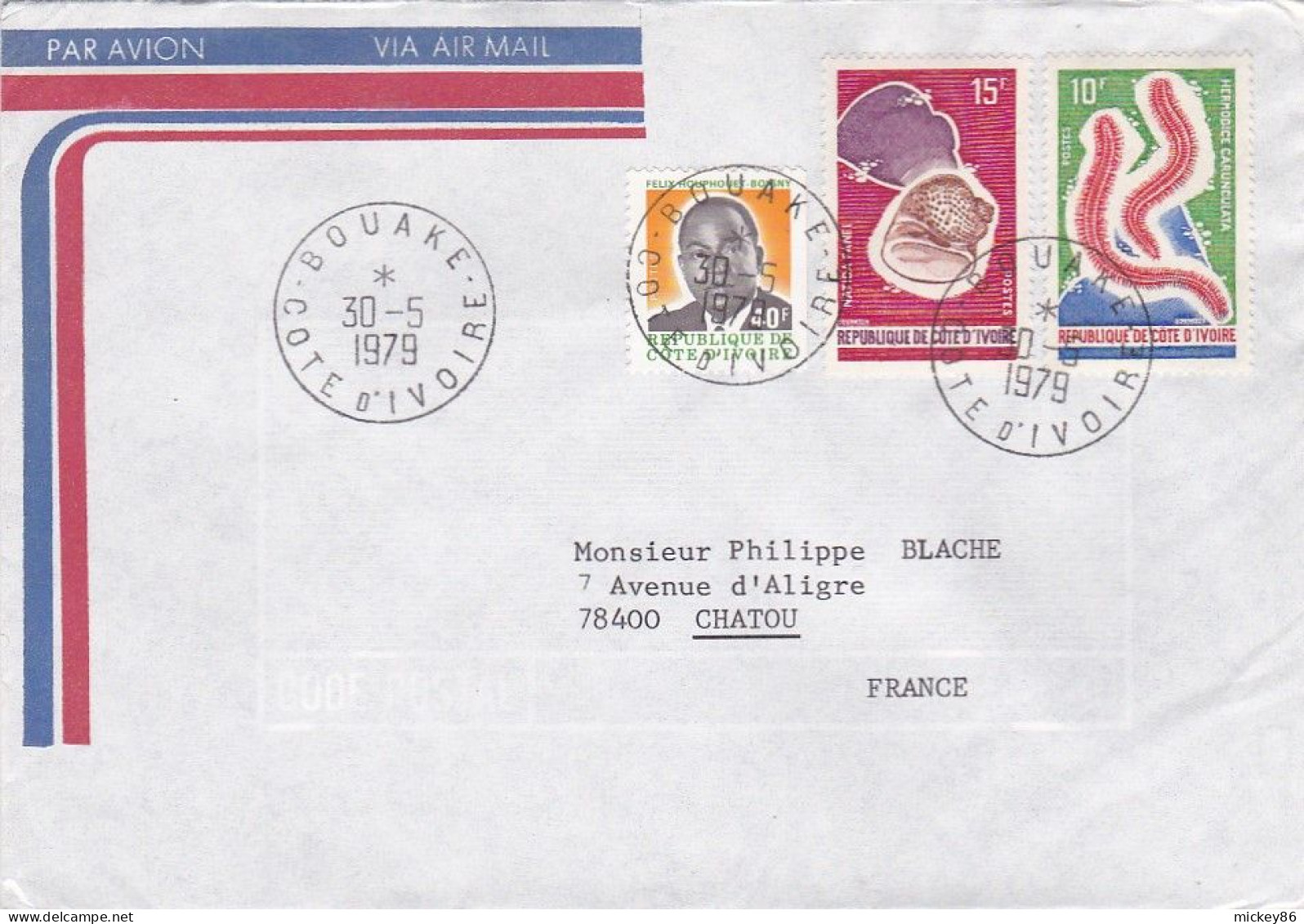 Côte D'Ivoire-1979--lettre BOUAKE Pour CHATOU -78 (France)-tps Divers Dont  Coquillage ..cachets - Ivory Coast (1960-...)