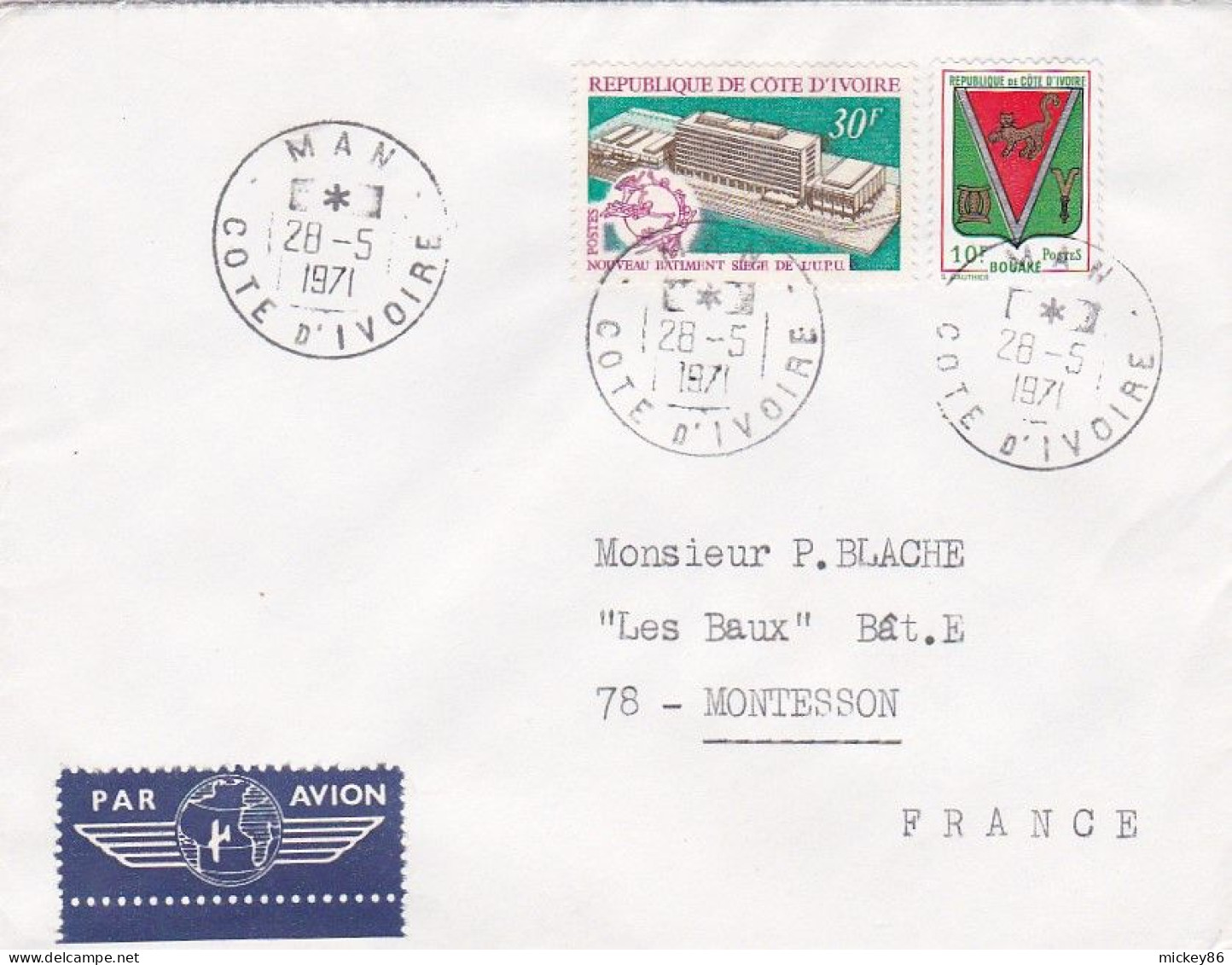 Côte D'Ivoire-1971--lettre MAN Pour MONTESSON -78 (France)-timbres Blason,siège UPU  Sur Lettre ..cachets - Ivory Coast (1960-...)