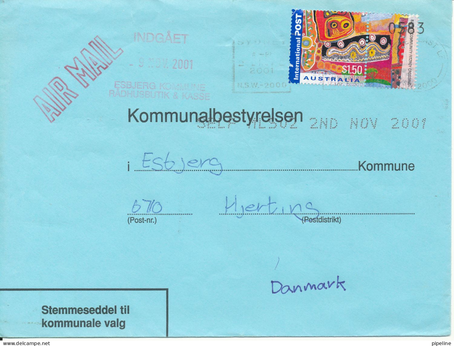 Australia Cover Sent To Denmark 2-11-2001 (stemmeseddel Til Kommunale Valg Esbjerg Kommune) The Adr. Flap Is Missing On - Briefe U. Dokumente