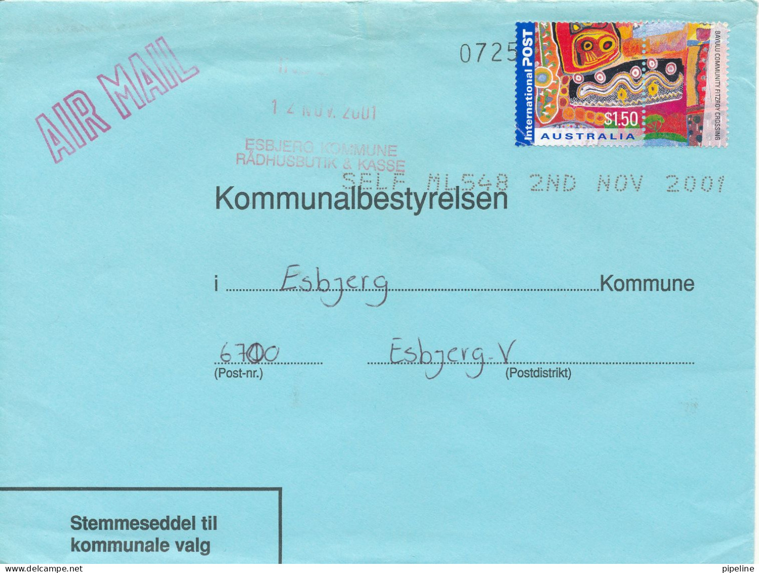 Australia Cover Sent To Denmark 2-11-2001 (stemmeseddel Til Kommunale Valg Esbjerg Kommune) The Adr. Flap Is Missing On - Cartas & Documentos