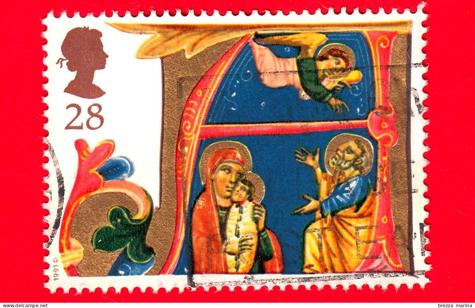 INGHILTERRA - GB - GRAN BRETAGNA - Usato - 1991 - Natale - Lettere Illuminate - Sacra Famiglia E Angelo - 28 - Used Stamps