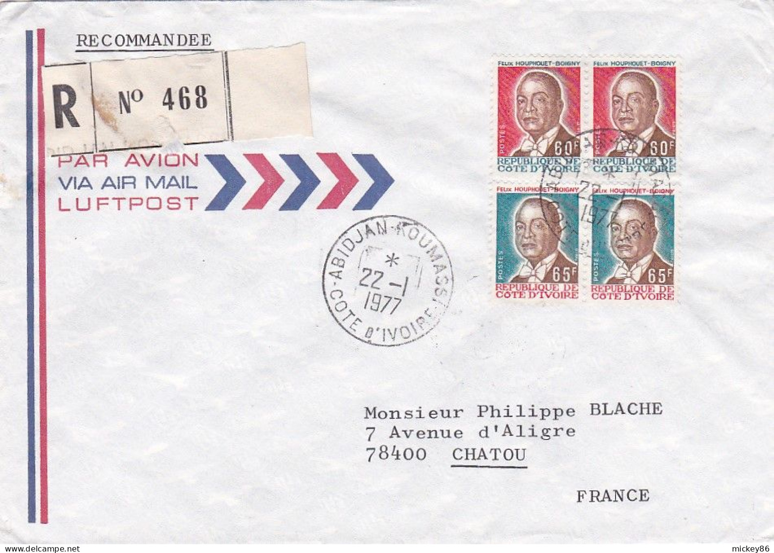 Côte D'Ivoire-1977--lettre ABIDJAN KOUMASSI  Pour CHATOU-78 (France)-timbres Présidents  Sur Lettre ..cachets - Côte D'Ivoire (1960-...)